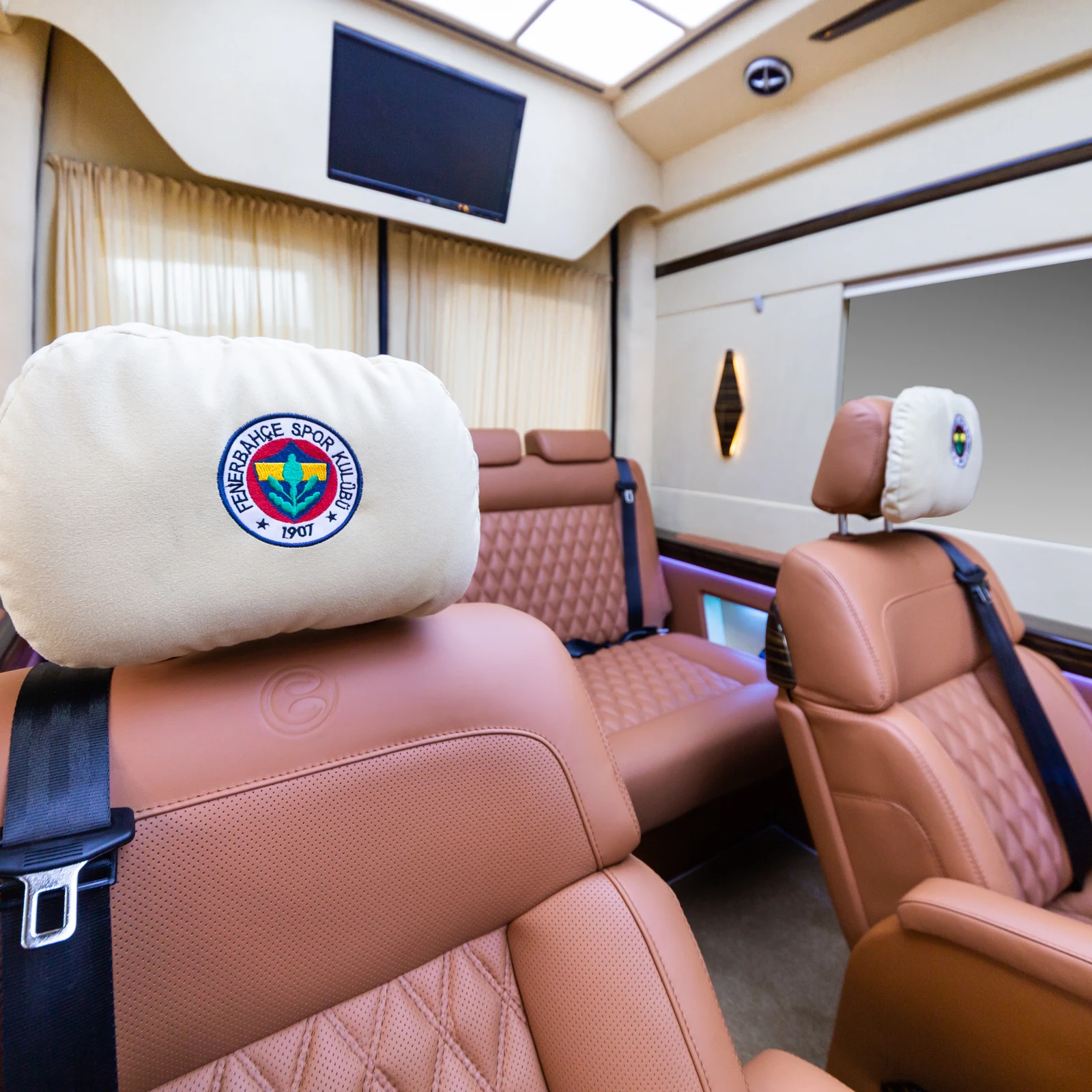 Bespoke team-emblem embroidery on an Ertex VIP vehicle headrest