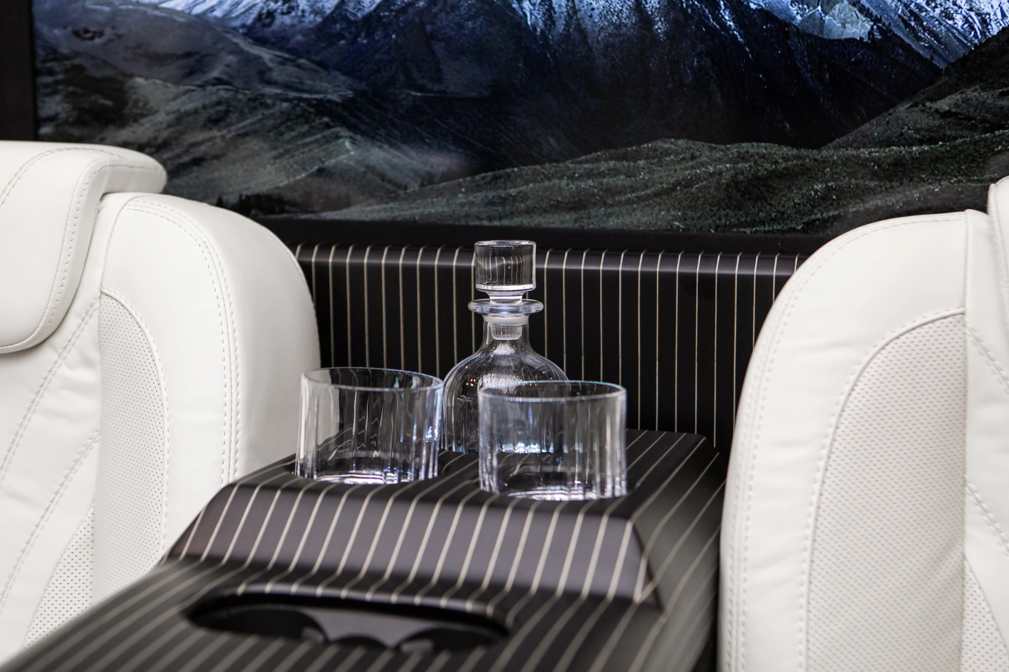 Bespoke decanter cabinet and service area in an Ertex VIP vehicle