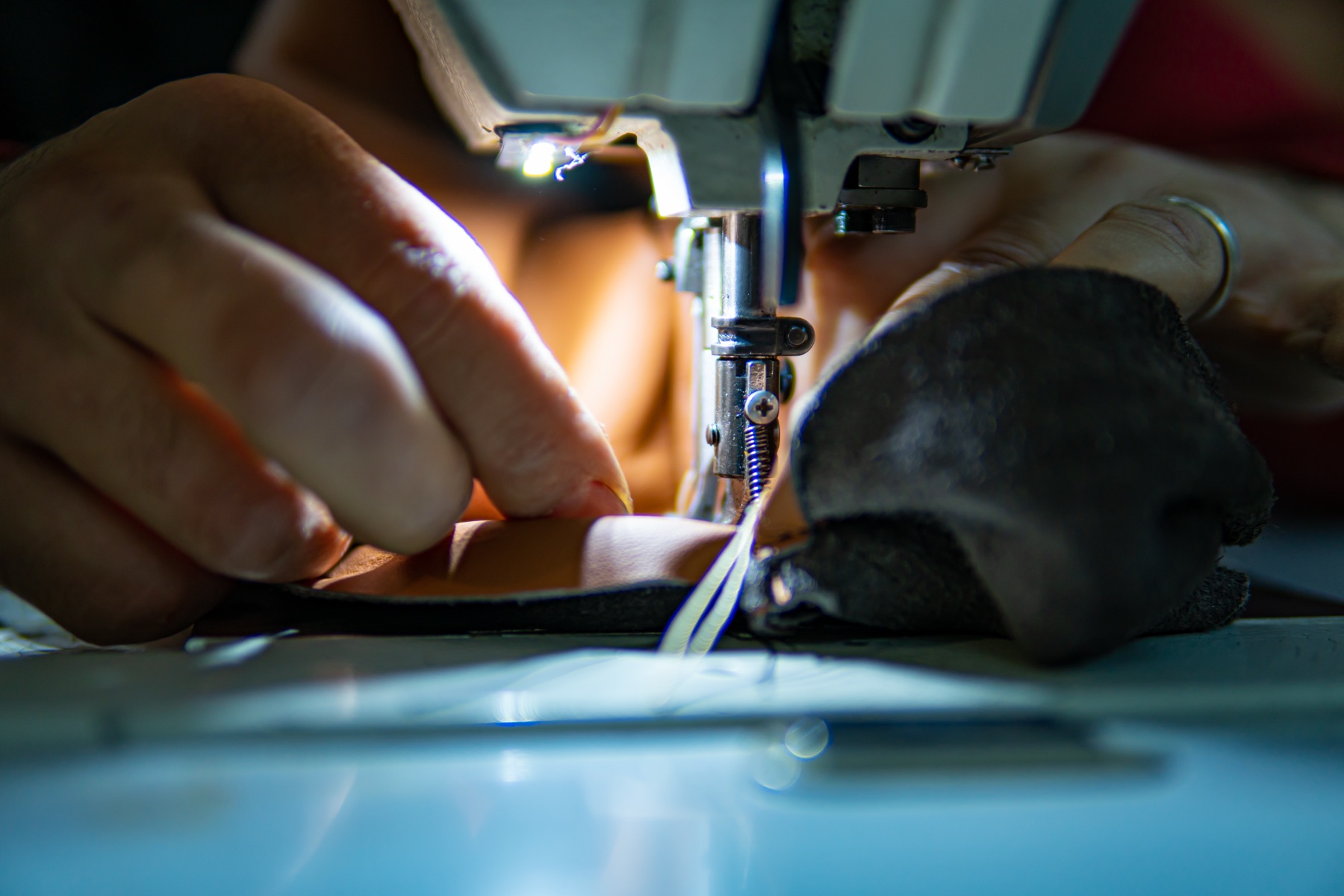 Close-up of Ertex leather stitching craftsmanship