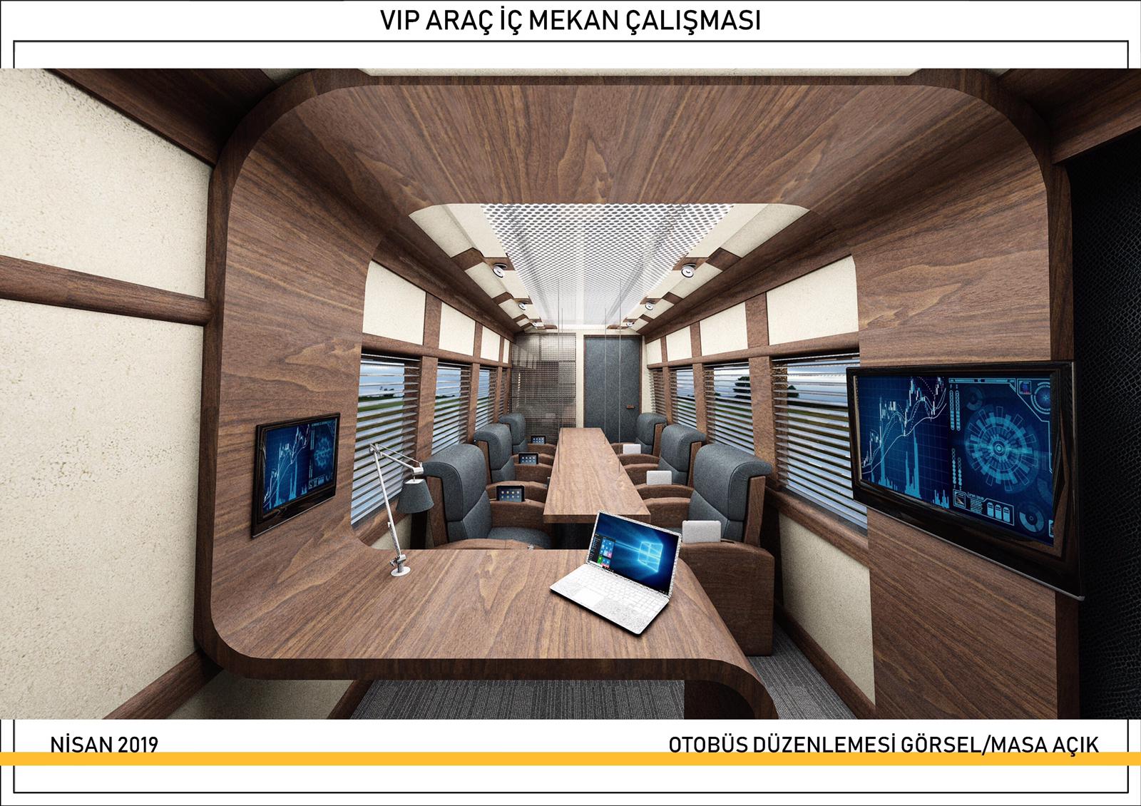 Executive meeting and office bus extended table concept render