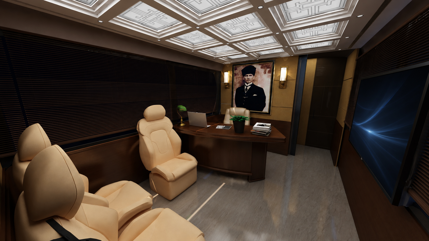 Executive bus private working mode with closed blinds concept render