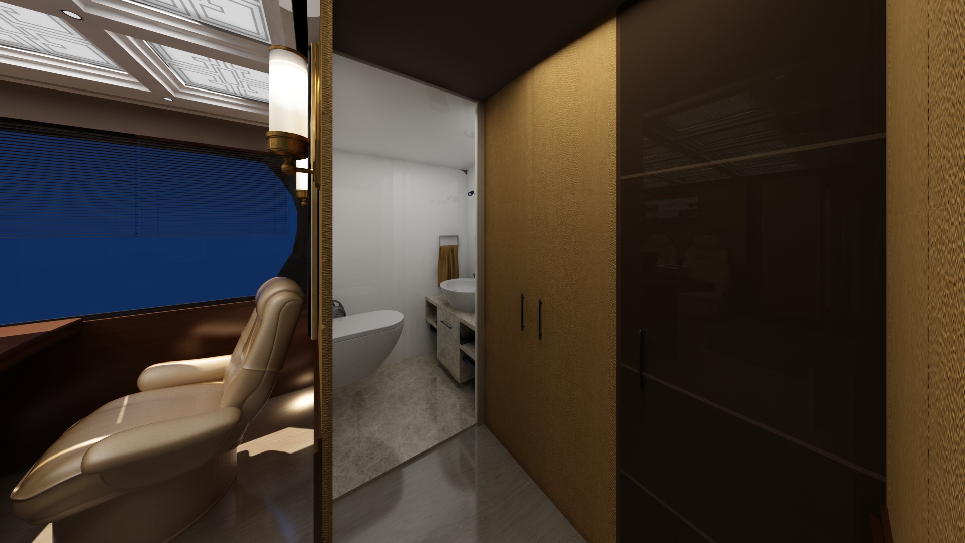 Executive bus service area and WC access concept render