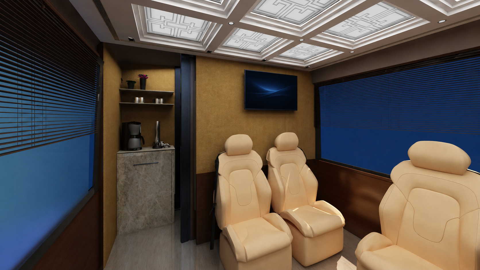 Executive bus guest seating and refreshment area concept render