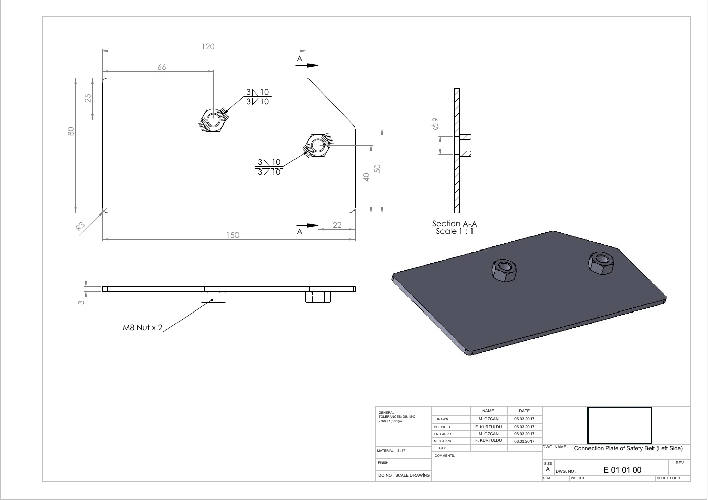 Technical drawing of the left seat belt mounting plate