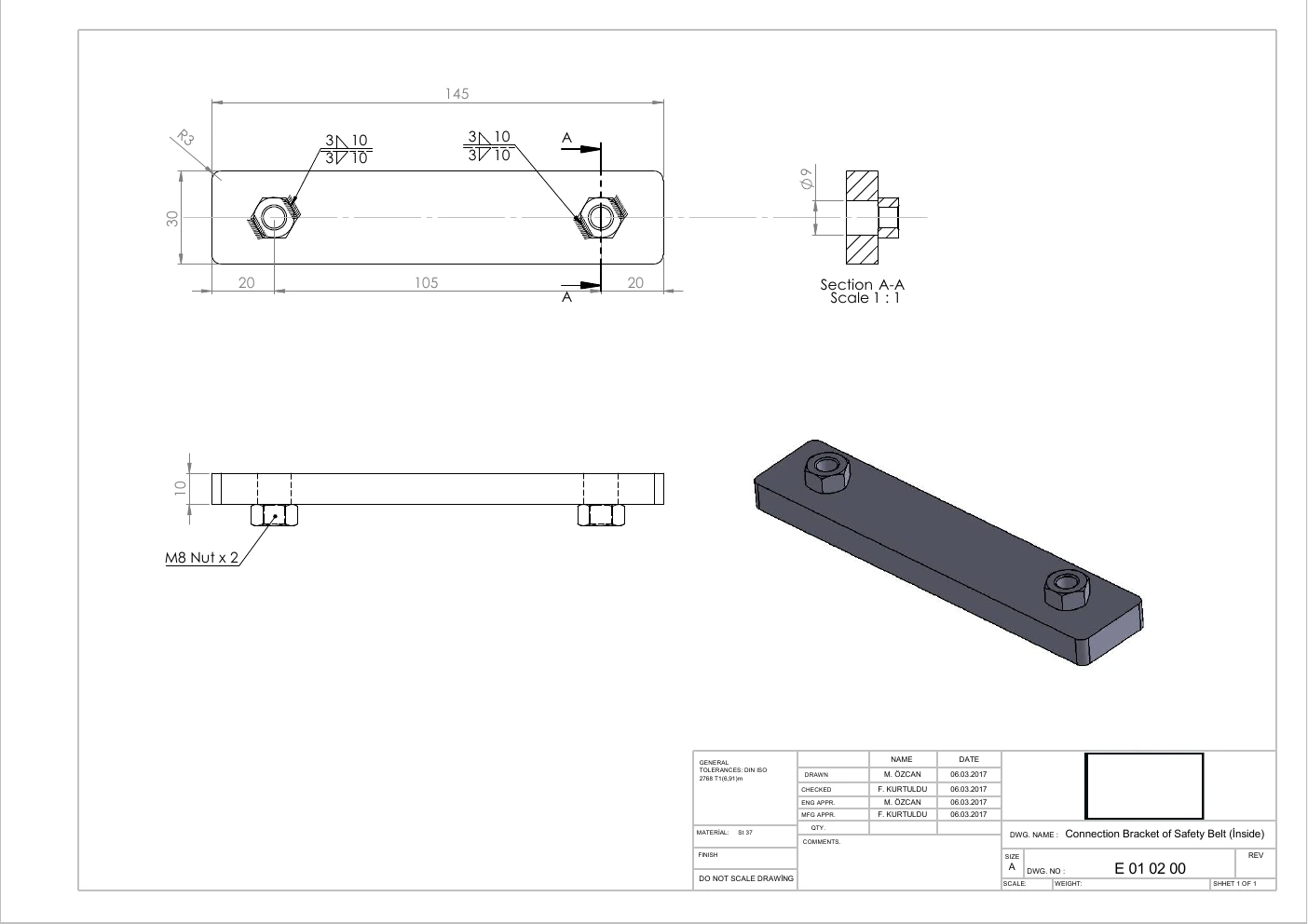 Technical drawing of the inner seat belt mounting bracket