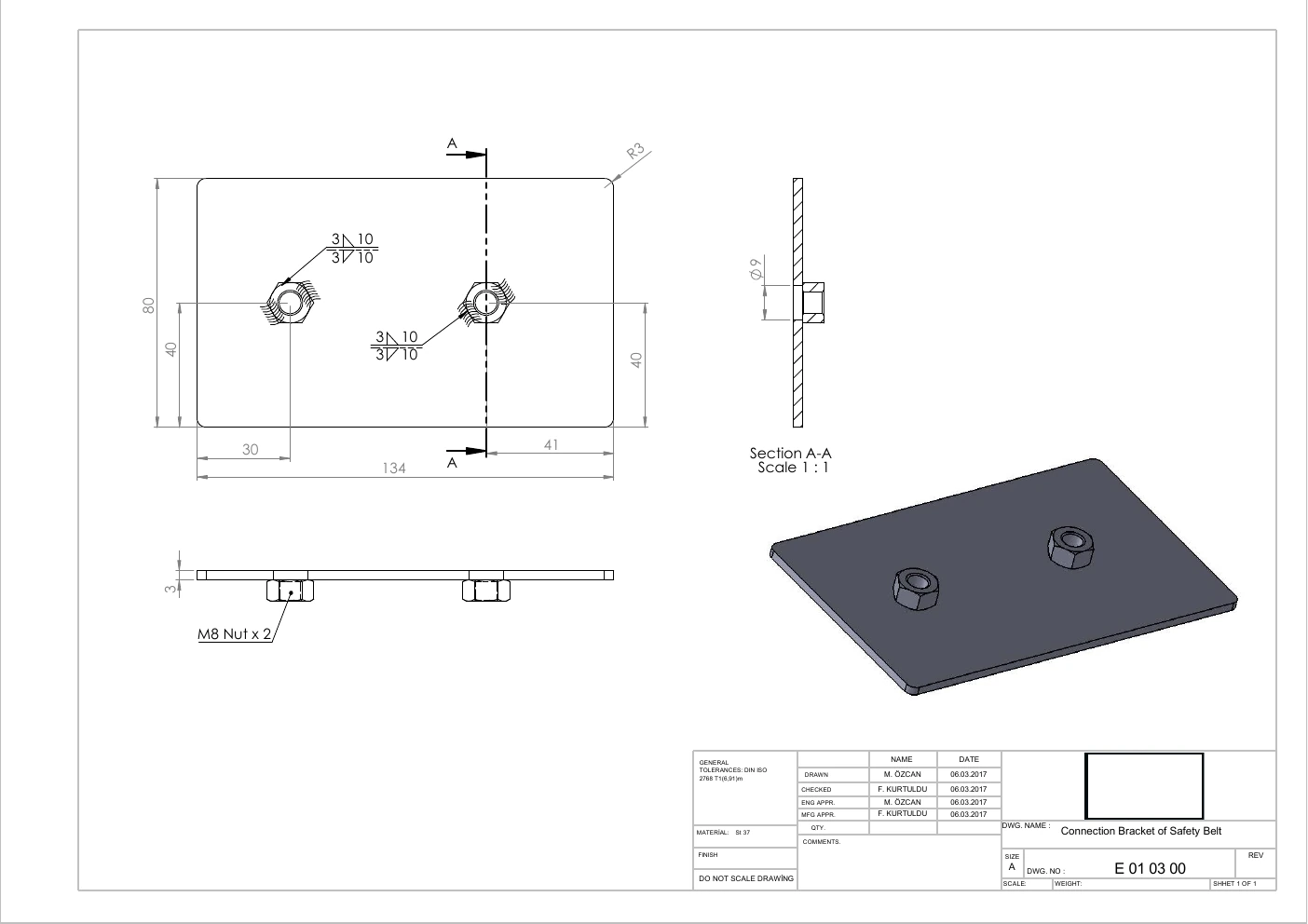 Technical drawing of the seat belt mounting bracket