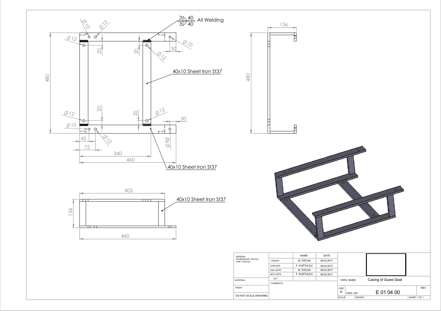Technical drawing of the guest seat structural frame