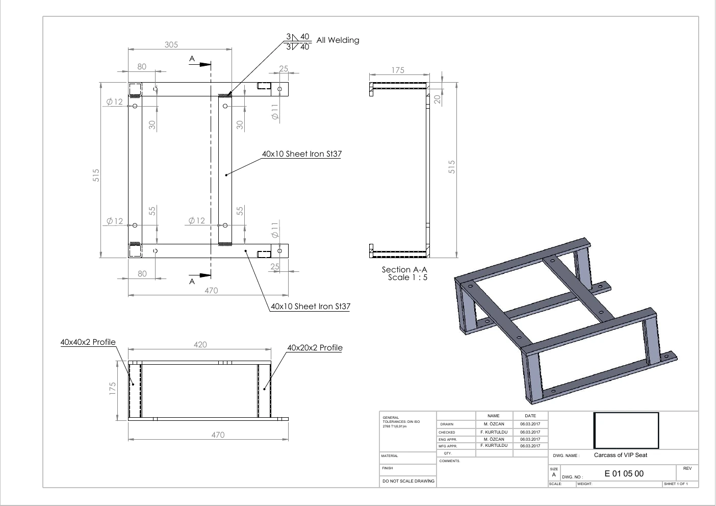Technical drawing of the VIP seat structural frame