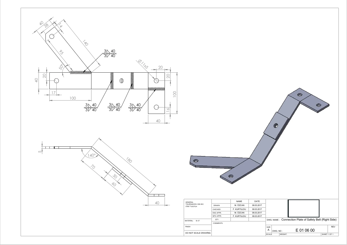 Technical drawing of the right seat belt mounting plate