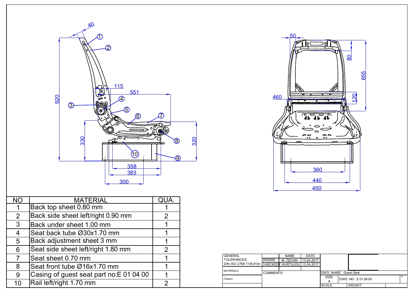 Dimensional drawing of the guest seat