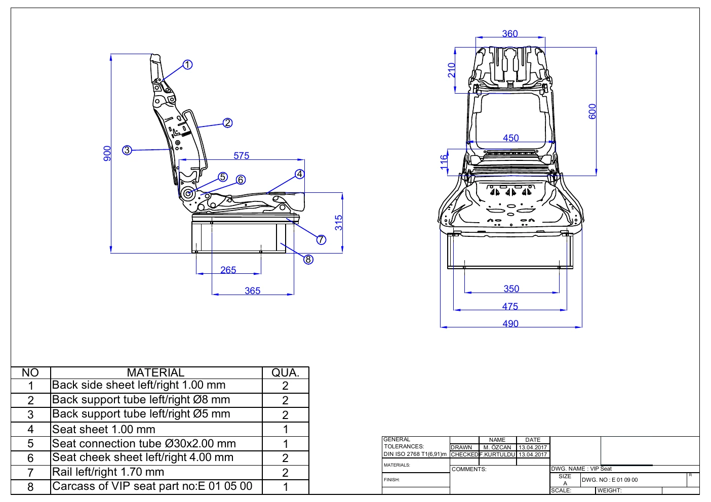 Dimensional drawing of the VIP seat body