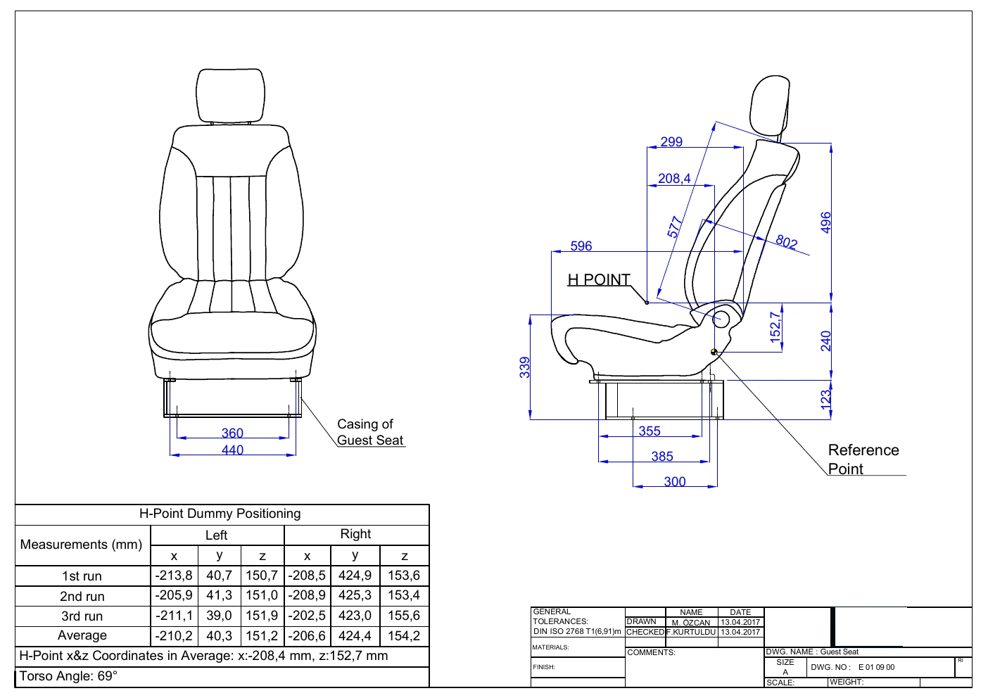 Technical drawing of the guest seat H-point and seating geometry