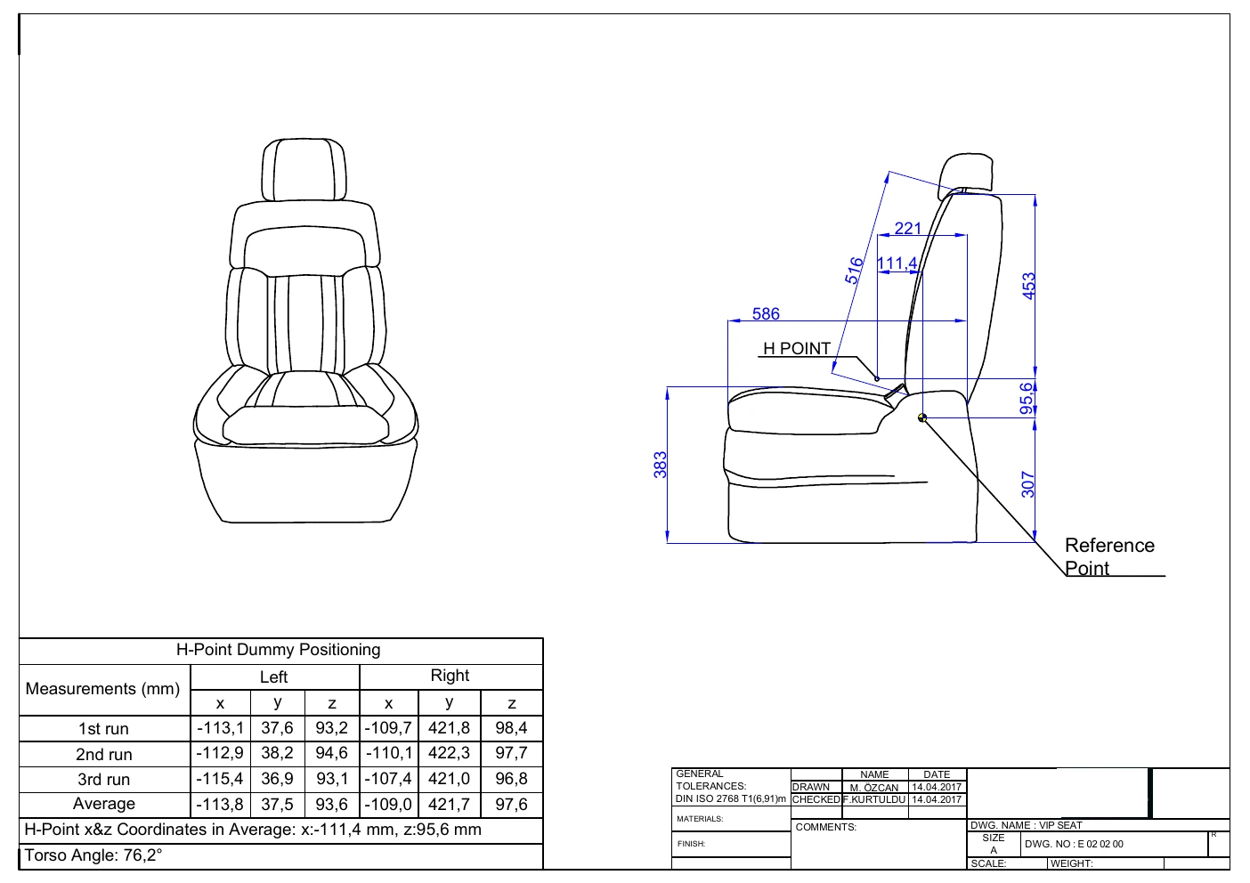 Technical drawing of the VIP seat H-point and seating geometry