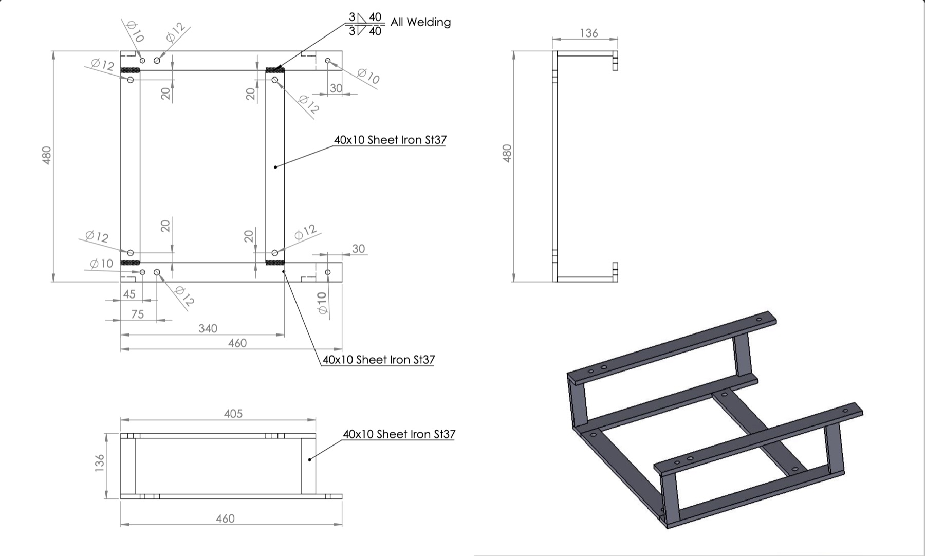Technical structural frame drawing for an Ertex component
