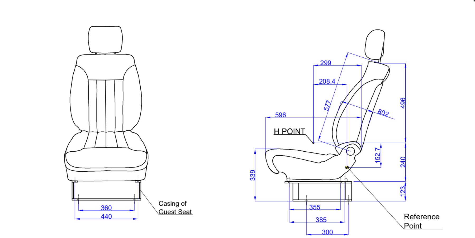 Ertex passenger seat ergonomic engineering drawing