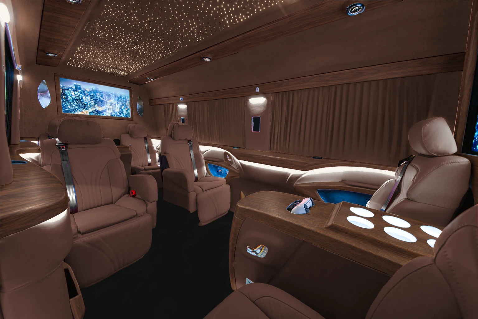 Mercedes Sprinter iç mekân — deri, Alcantara ve ahşap